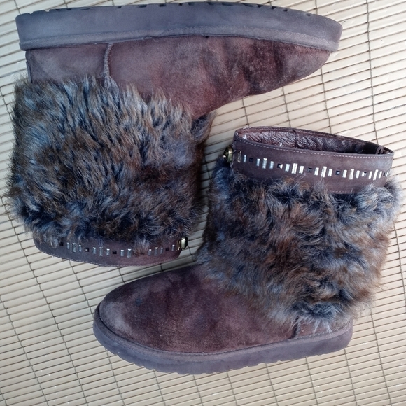 UGG VILET BROWN SUEDE SHEEPSKIN TOSCANA Faux Fur CUFF CRYSTAL BLING BOOTS, US wo - Picture 5 of 11